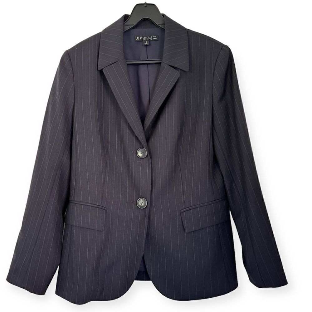 Lafayette 148 New York Blue Pinstripe Wool Blend Blazer Size 8